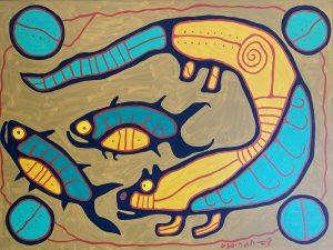 Indigenous artwork of animals and graphic shapes in yellow and blue on a brown background