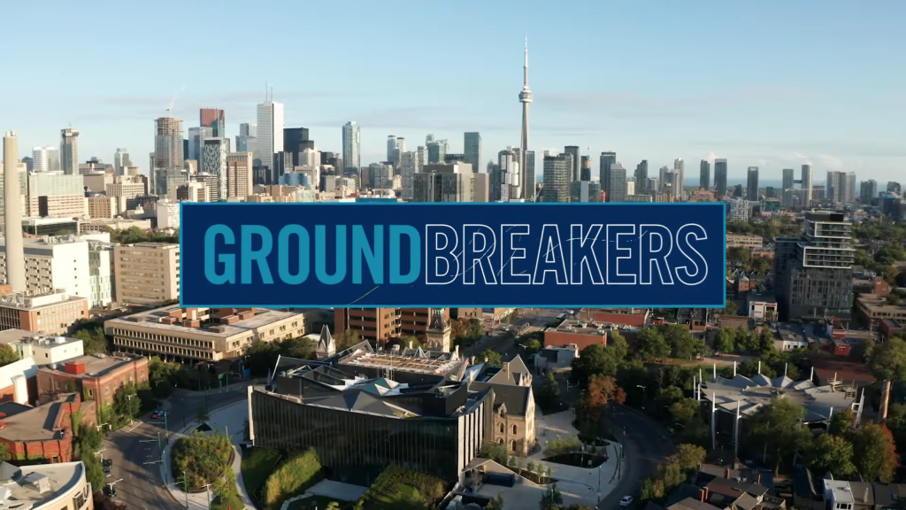 Still from groundbreakers showing elevated view of UofT campus
