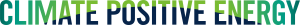 Climate Positive logo (all caps text in lime green and navy blue)