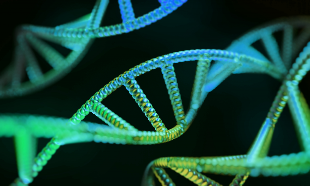 DNA strands in blue and green hues on a black background