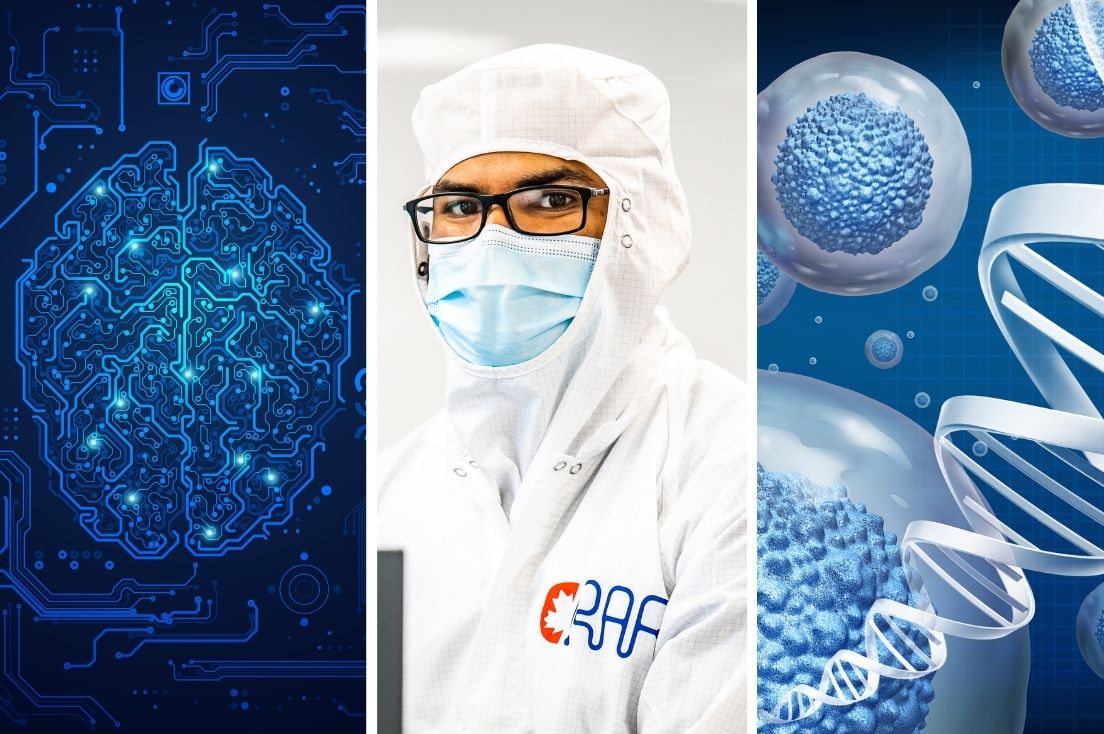 Tryptich: left features a brain graphic made of circuit paths, a researcher in white ppe and a blue surgical mask; right blue cells and double-helix