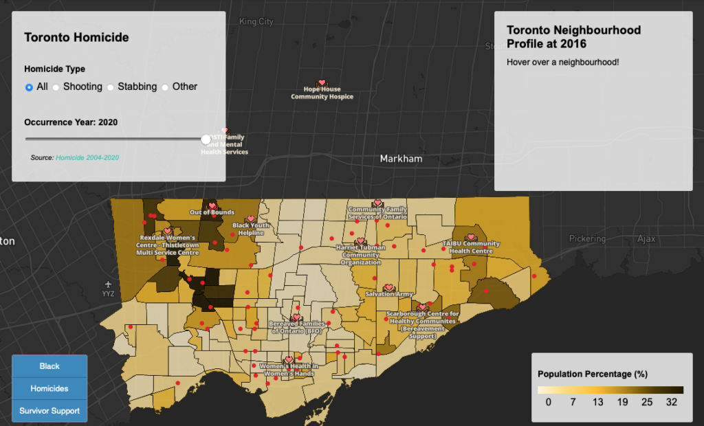 A map of Toronto showing devastating, disproportionate prevalence of homicide in predominantly African, Caribbean and Black (ACB) neighbourhoods throughout Toronto