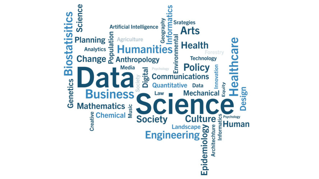 Word cloud with the words Data Science featured prominently,