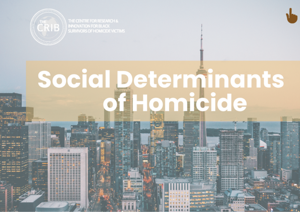 Social Determinants of Homocide report cover, featuring an elevated view of the city of Toronto looking south from downtown
