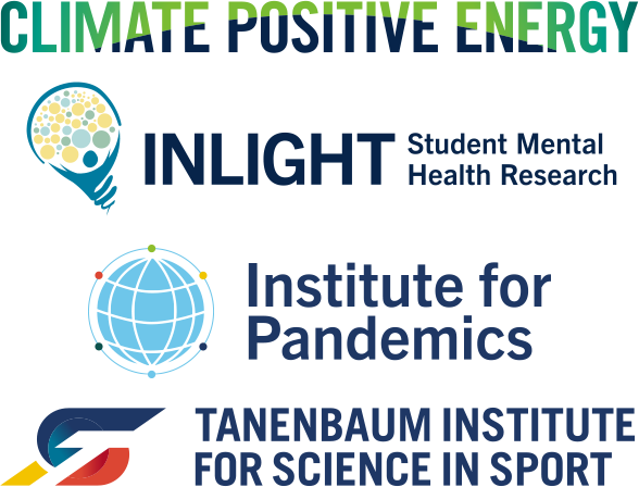 Logos for Climate Positive Energy, Inlight: Student Mental Health Research, Institute for Pandemics, TISS (Tanenbaum Institute for Science in Sport)