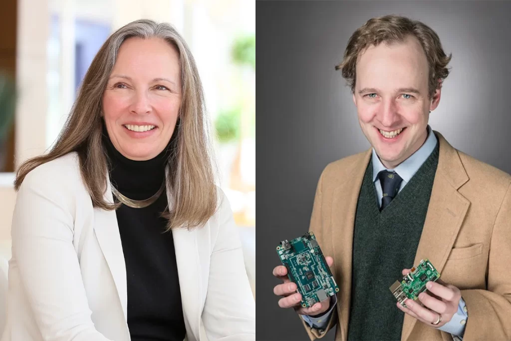 Portrait diptych with Gillian Hadfield (left ) in a cream blazer and black turtleneck; Anatole von Lilienfeld (right) in a tan blazer, charcoal vest holding a circuit board in each hand.