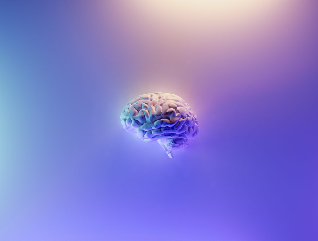 3d rendering of a brain on a purple and gold background