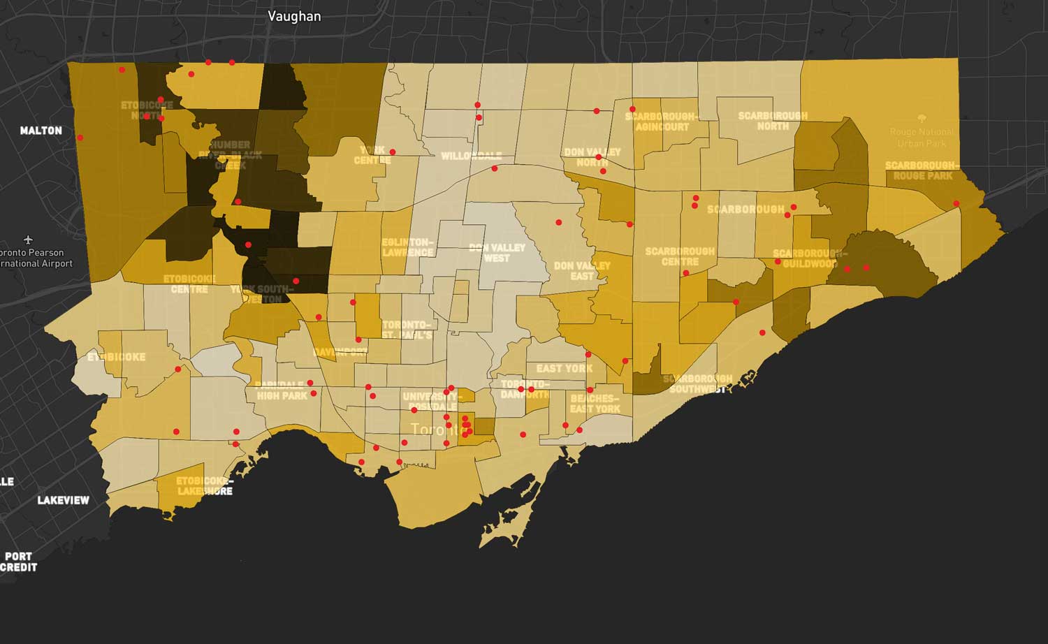 A map of Toronto (in shades of yellow with red dot markers) showing devastating, disproportionate prevalence of homicide in predominantly African, Caribbean and Black (ACB) neighbourhoods throughout Toronto.