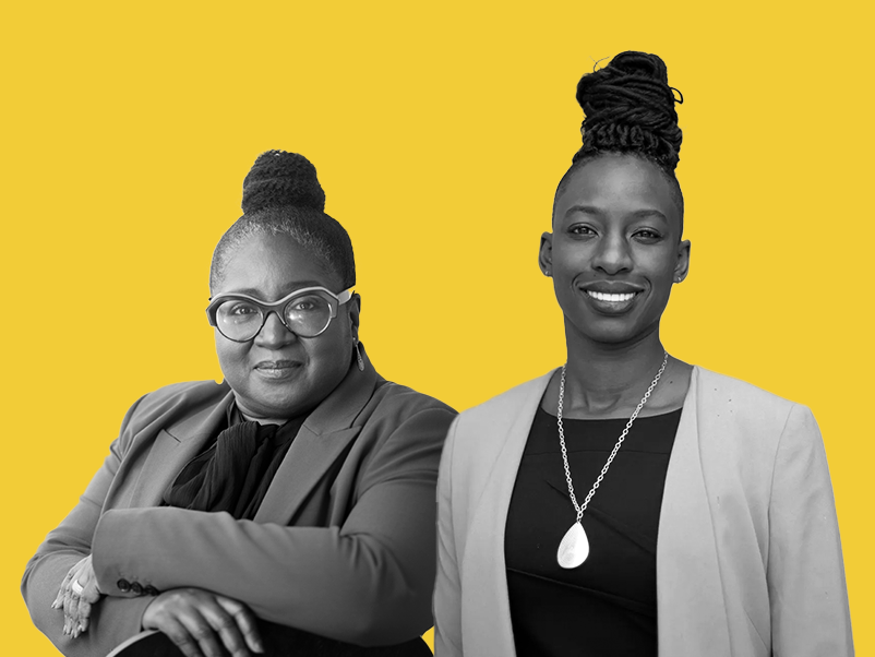 Headshots of two Black women scholars, both with buns.