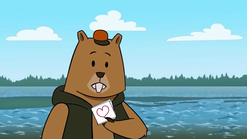 Animation still of a beaver in a red hat + black vest, holding a small piece of paper with a heart drawn on it, with a lake and trees in the background